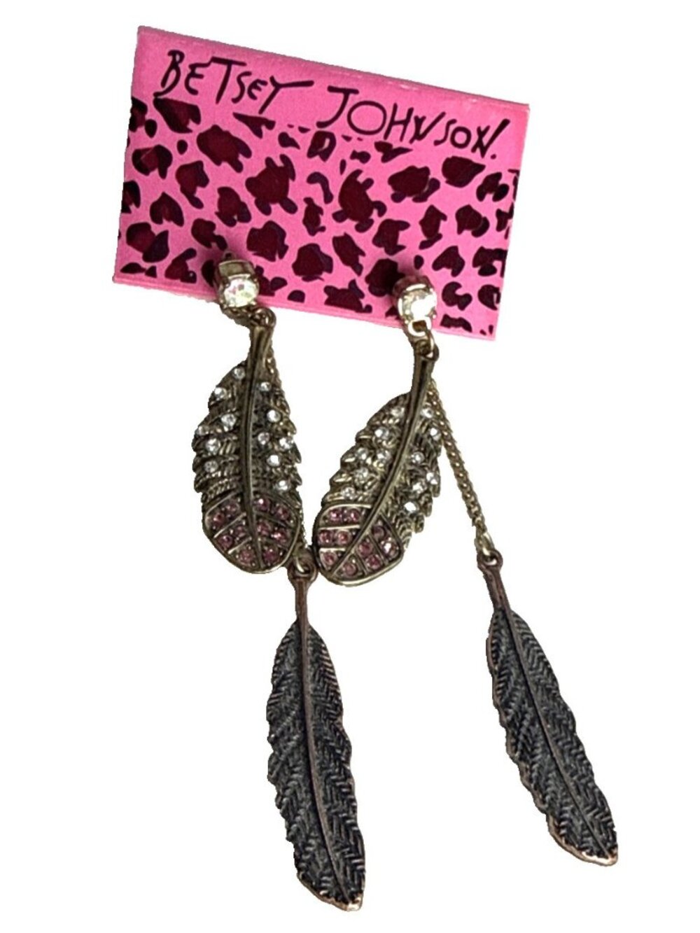 Betsey Johnson Vintage Lady Luck Multi Feather Drop Earrings NEW